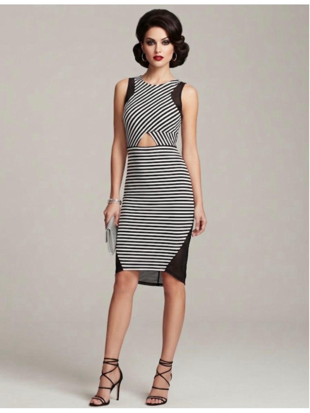 Material Girl Midi Dress Size M Black White Striped Cutout